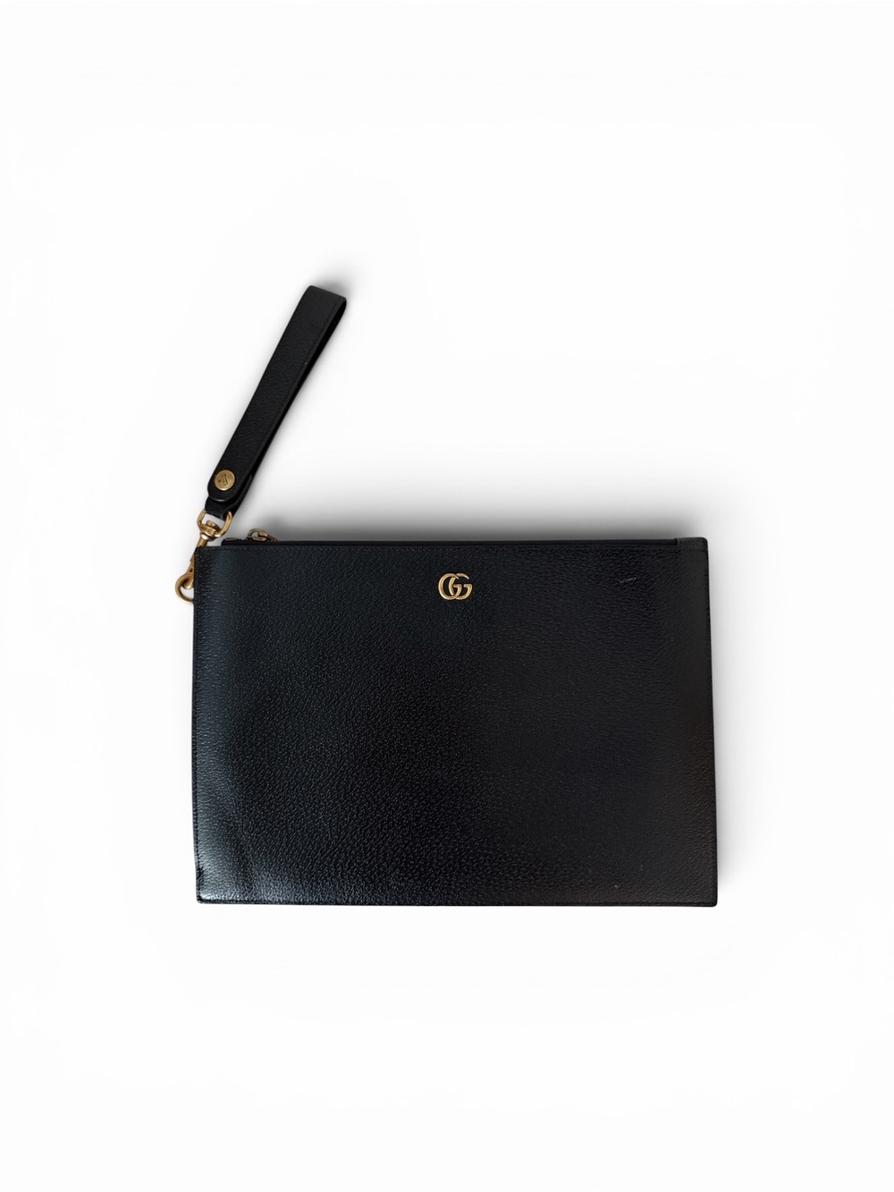 Gucci Black Leather Wristlet with Gold Double G Pouch